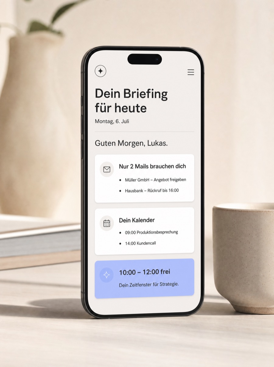 Smartphone mit täglichem KI-Briefing: wichtige Mails, Kalender und freies Zeitfenster für Strategie