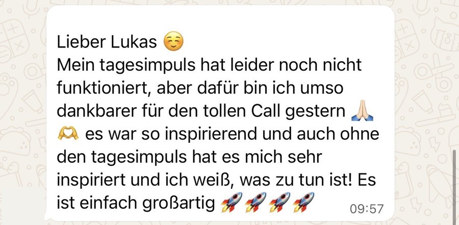 WhatsApp-Nachricht einer Kundin: dankbar für den inspirierenden Call, weiß jetzt, was zu tun ist